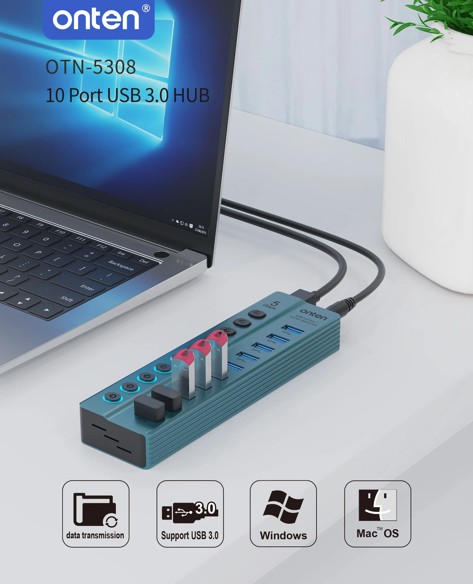 Imagem -04 - Hub Onten-usb 3.0 com Interruptores de Alimentação Individuais Otn5308 Original 10 Port