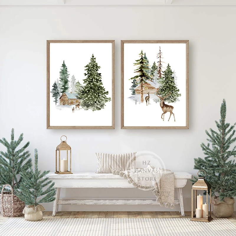 Winter Forest Deer Watercolor Poster and Print Canvas Painting Christmas Reindeer Wall Art Picture for Room Home Holiday Decor