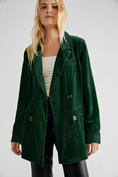 Casual Velvet Blazer Women Solid Long Sleeve Button Jackets Vintage Streetwear Sexy Coats Spring Autumn Outerwear
