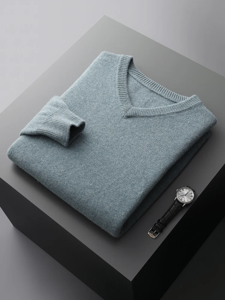 Men's V-Neck Merino Wool Sweater Thick Solid Pullovers Loose Knit Base Shirt Business Casual Jacket Tops Autumn Winter New