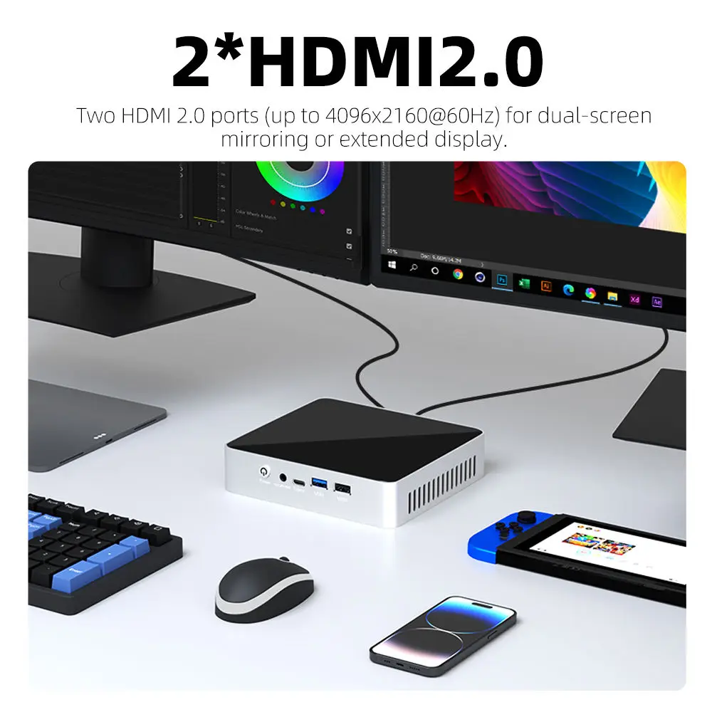 Mini PC Intel N100 16GB DDR4 1TB M.2 NVMe SSD WiFi Bluetooth Windows10/11 Linux TYPE-C 2xHDMI2.0 4K 60Hz 2x 2.5G Ethernet
