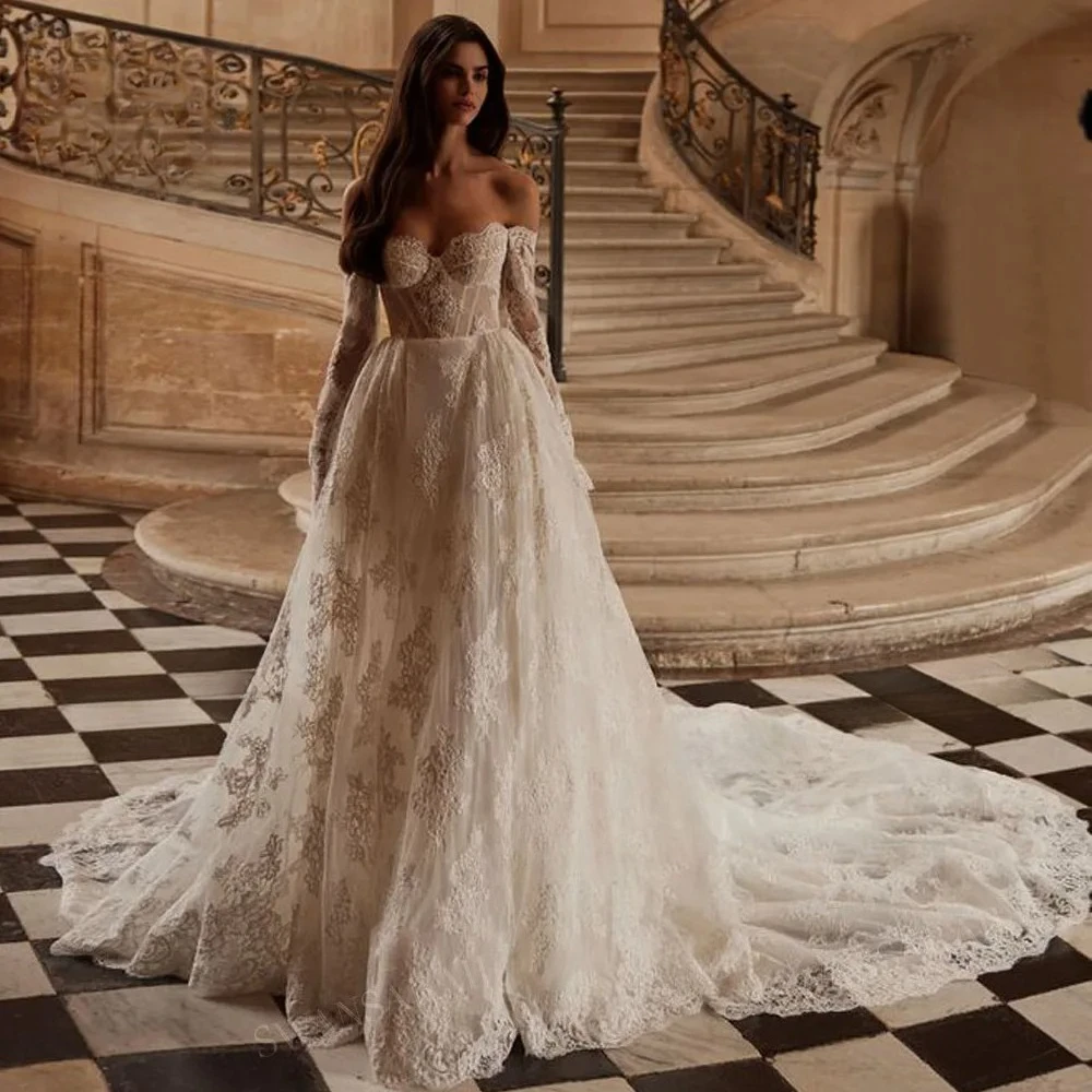 

Customized Elegant Off Shoulder Applique Embroidered A-Line Wedding Dresses Sweetheart Appliques Classic Chapel Bridal Gown