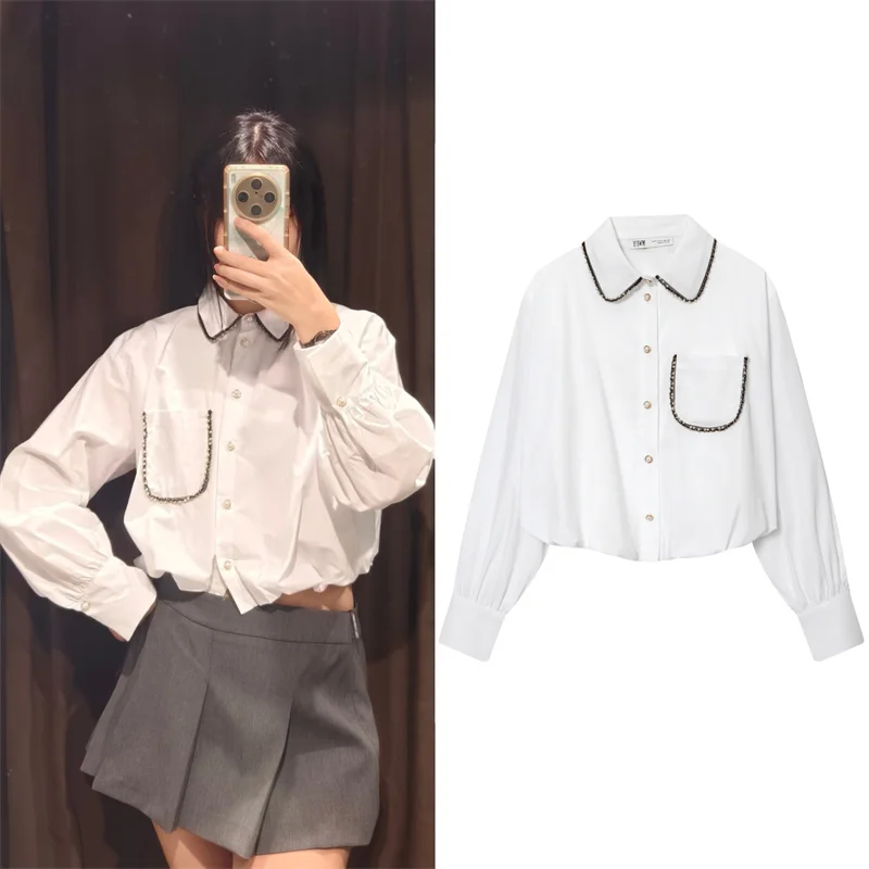 

Women's Shirt 2025 Autumn New White Long-Sleeve Beaded Puff Sleeve Poplin Short Shirt Stylish and Trendy