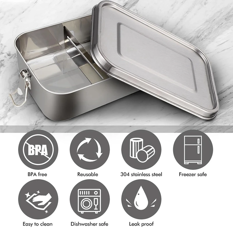 1 PCS Lunch Box Silver 1200 Ml Lunch Box Leak-Proof With Removable Divider, Lunch Boxes,Environmentally Friendly