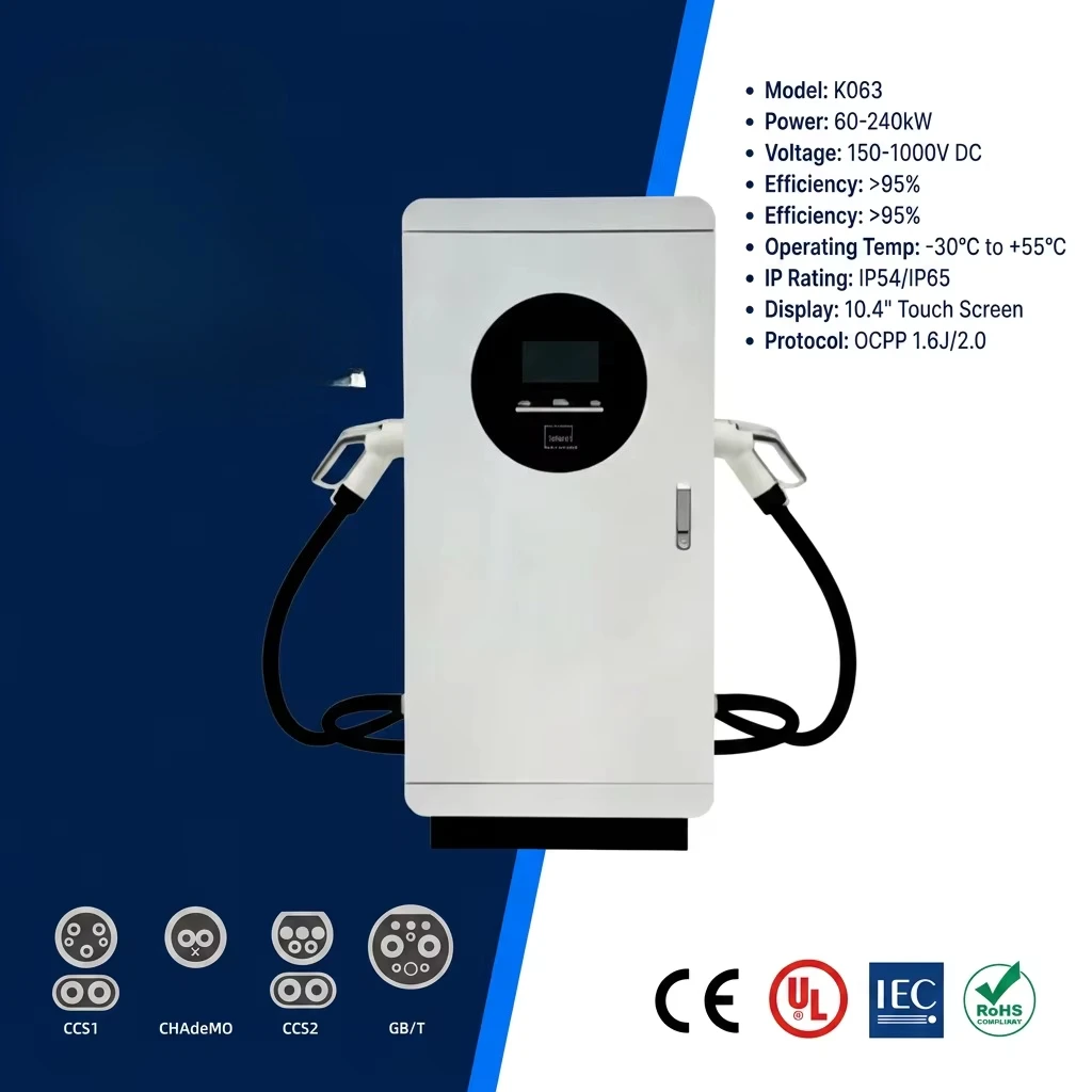 40KW 60KW GBT Dual  DC EV Charging Station 7 Inch Touch Screen OCPP 1.6J 4G RFID IP54 3 Phase Electric Car Charging Station