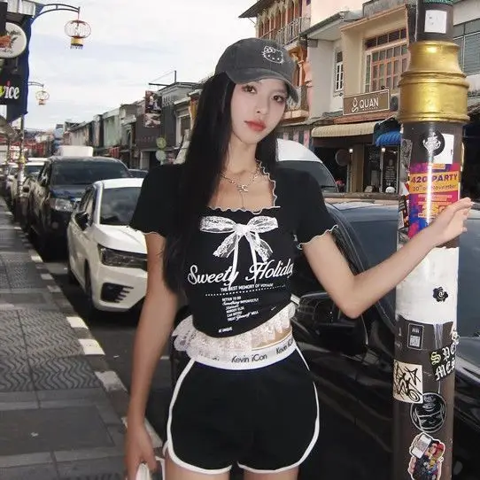 

2025 Y2K Bow print lace patchwork square neck short sleeved T shirt for womens summer top shirts for women gothic streetwear