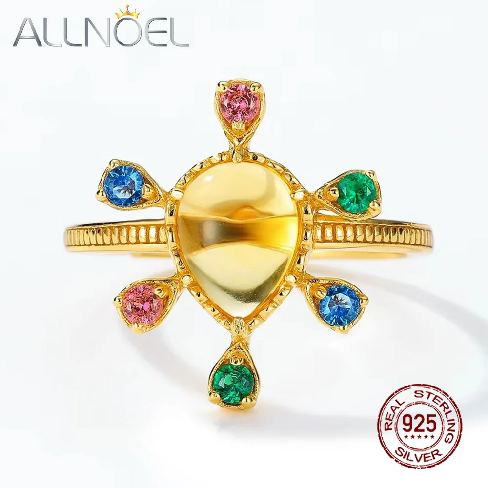 

ALLNOEL 925 Sterling Silver 8x6mm Natural Citrine Finger Rings for Women Colorful Zirconia 10k Gold Plated Delicate Fine Jewelry