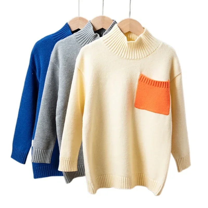 

Baby Kids Turtleneck Sweater Warm Color-blocked Pocket Design Wool Knitted Sweater Casual Daily Autumn Winter Children Tops