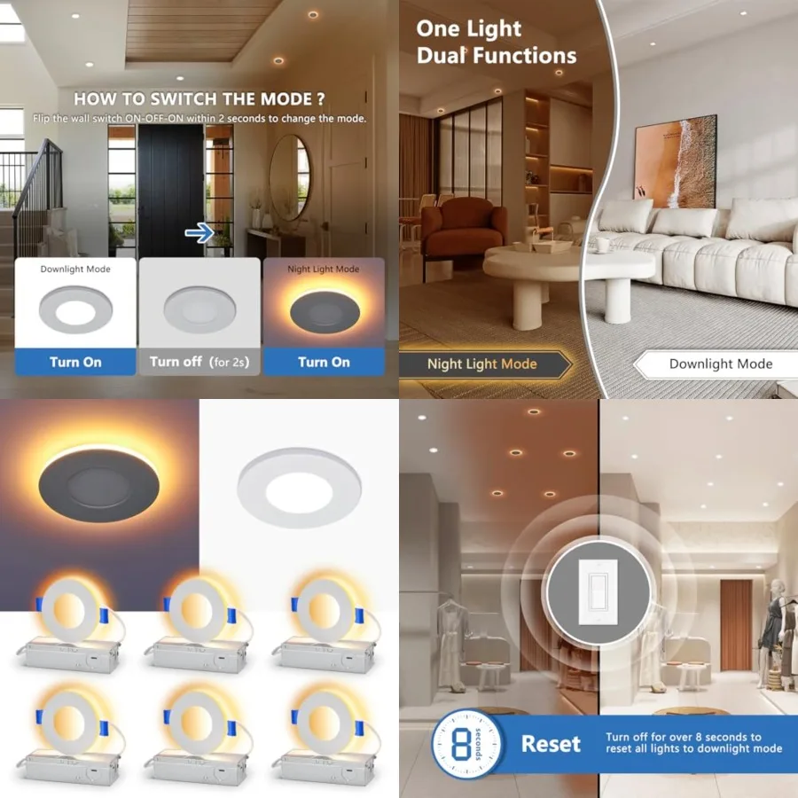 LED Recessed Lights with Night Light, Dimmable and 5CCT Selectable Canless Outdoor Soffit, Downlight Wafer Pot Light, W, ETL, I
