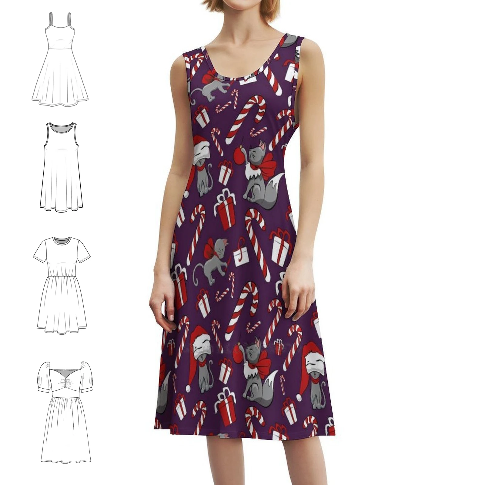 نمط قطة عيد الميلاد ° فستان نسائي أرجواني أنيق للحفلات على شكل حرف A مع خيارات قصيرة/طويلة/بدون أكمام للقطط والقطط وعيد الميلاد #1