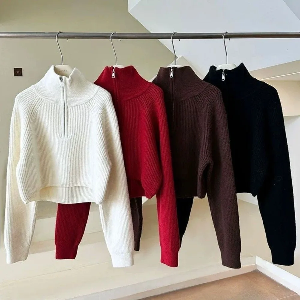 Half Zip Closure Cropped Knit Sweater Solid Color Soft Waffle Knit Waffle Knit Tops High Waist Fit Long Sleeve Design