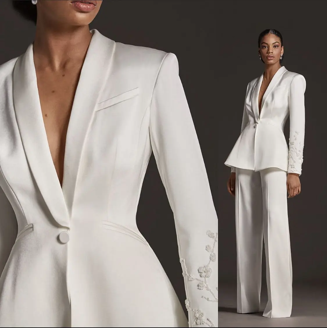 Spring 3D Flower Ivory Slim Fit Wedding Tuxedos Women Ladies Prom Evening Guest Formal Wear Custom Made Coat (Jacket+Pants)