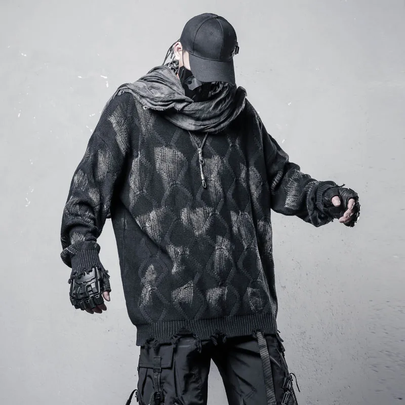 Designer Vintage Washed Tie-Dyed Cut Loose Burrs Sweater Men's Style Trendy Unique Sweater Top Fashion
