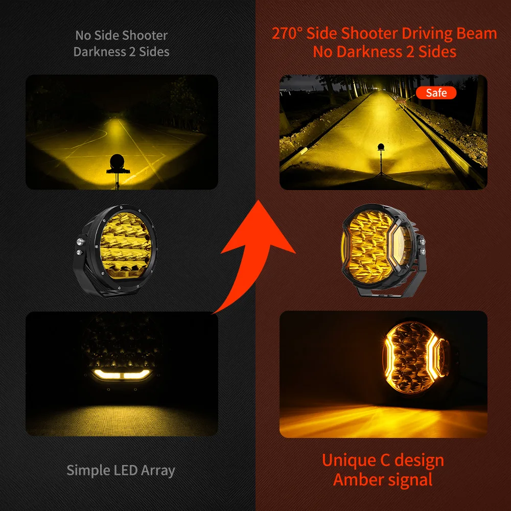 NewAmber DRL Spot Beam 517M Super Bright 196W Spot Lights 4X4 270 Degree Beam Angel 7 Inch Side Shooter Spotlight view 4