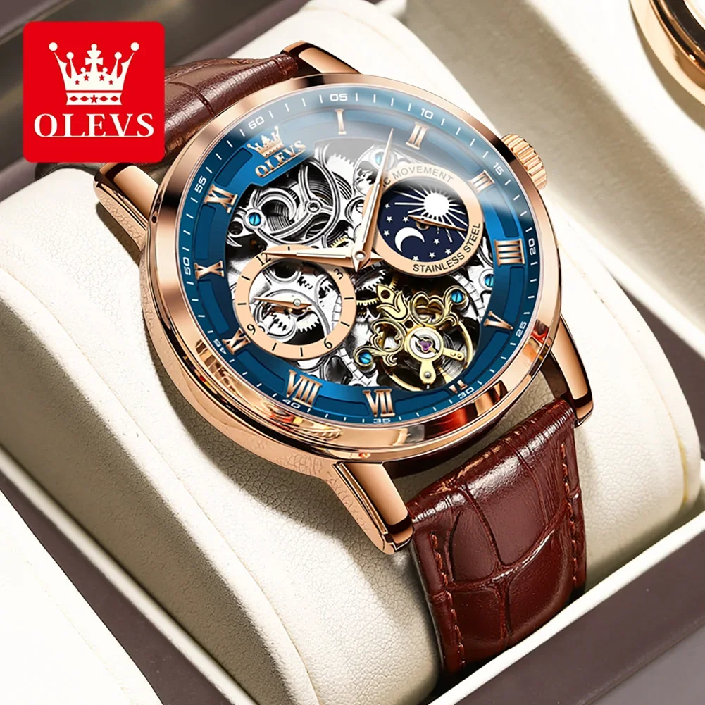 OLEVS New Skeleton Watch for Men Tourbillon Moon Phase Dial Leather Strap Waterproof Luminous Automatic Mechanical Watch Hombre