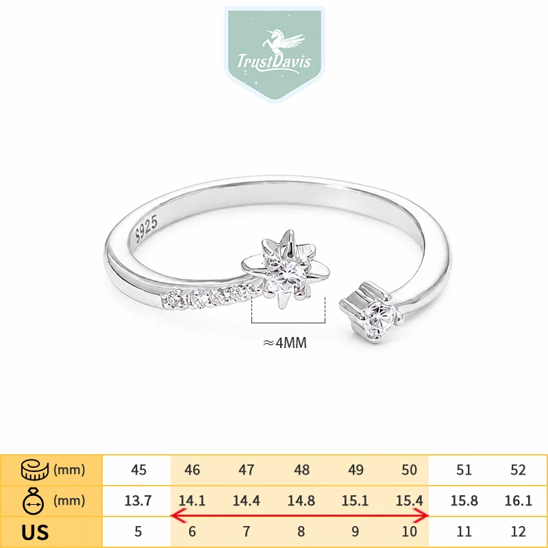 TrustDavis Real 925 Sterling Silver Fashion Simple Eight-pointed Star Zircon Open Ring for Women Daily Wear Jewelry Gift DS4975