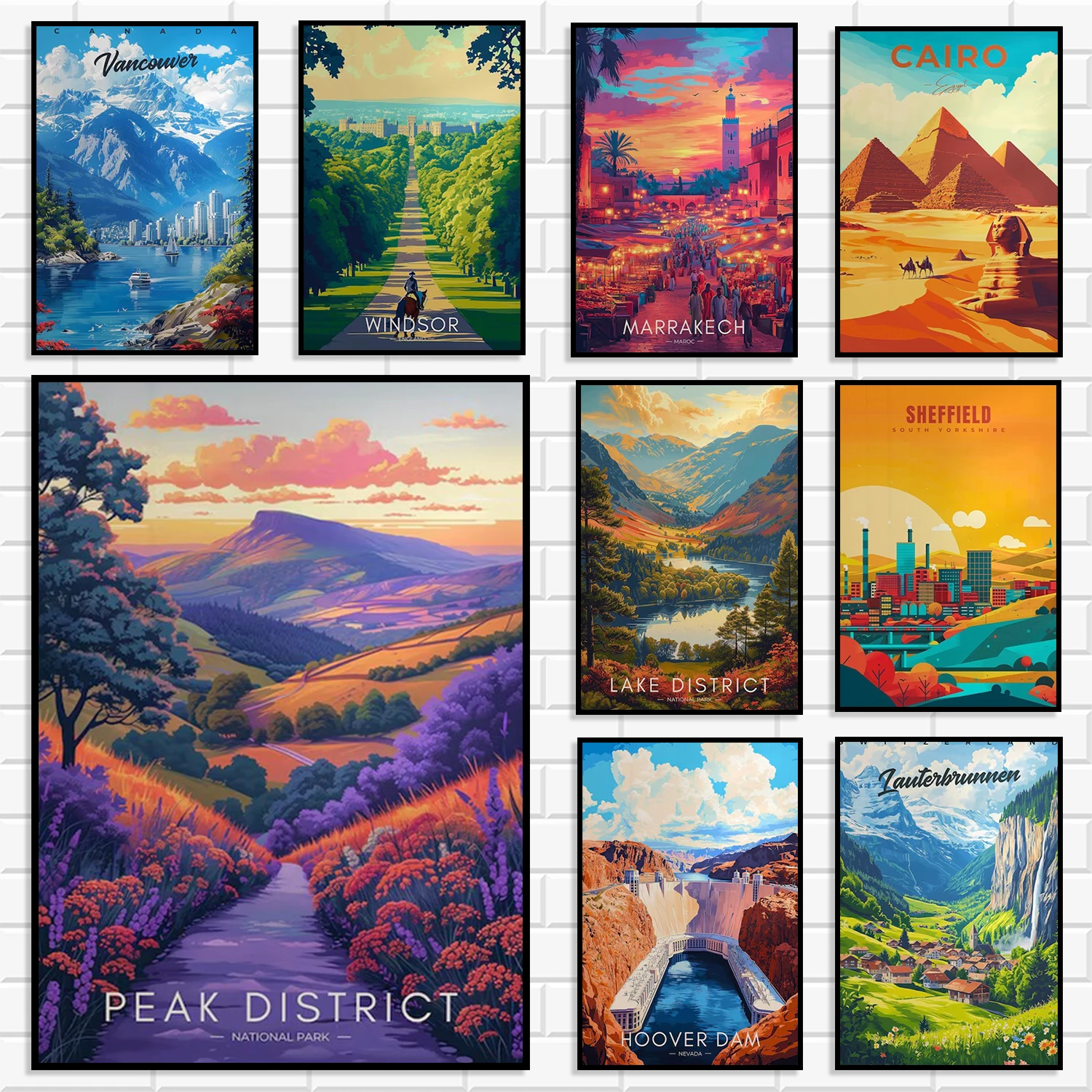 Vintage World Travel City Canvas Wall Art Set Global Famous Country Landscape Poster Retro Colorful Travel Print for Home Dec