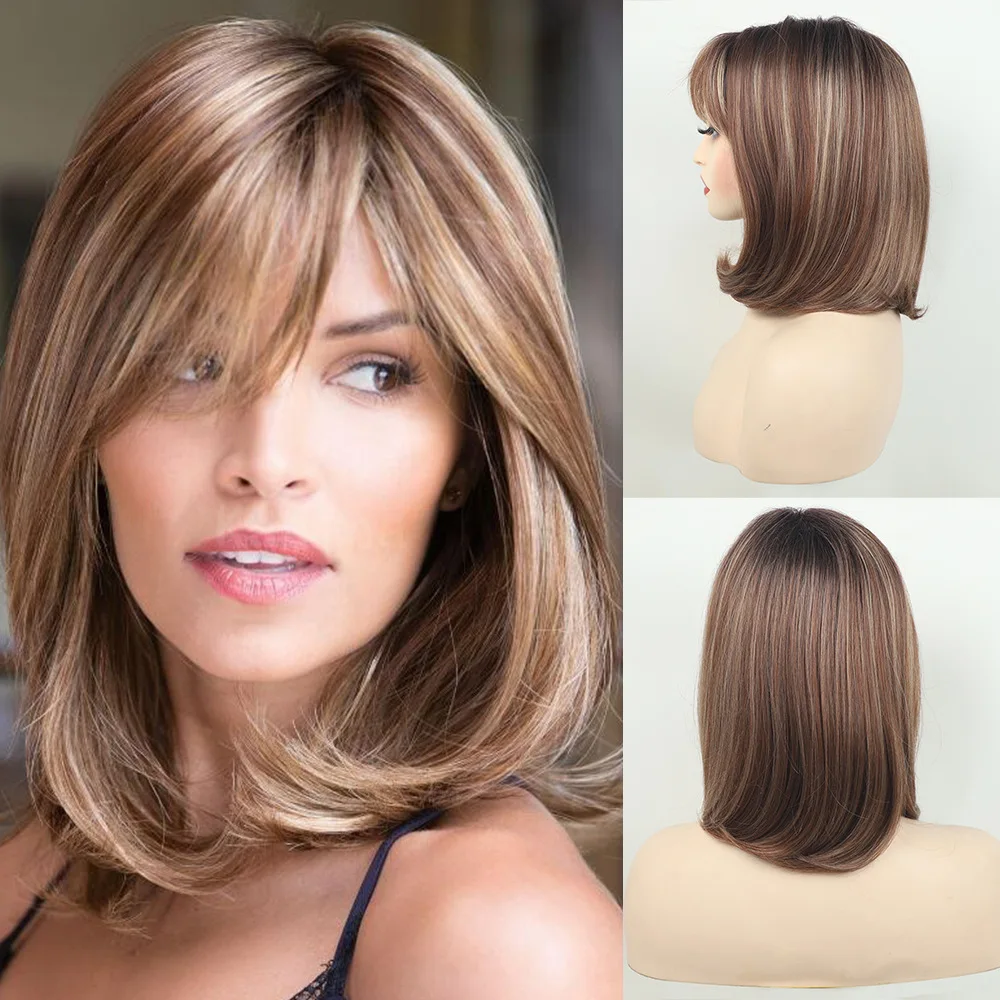 

European and American wigs, chemical fiber short wigs, brown highlights, bob women's wigs, headgear.
