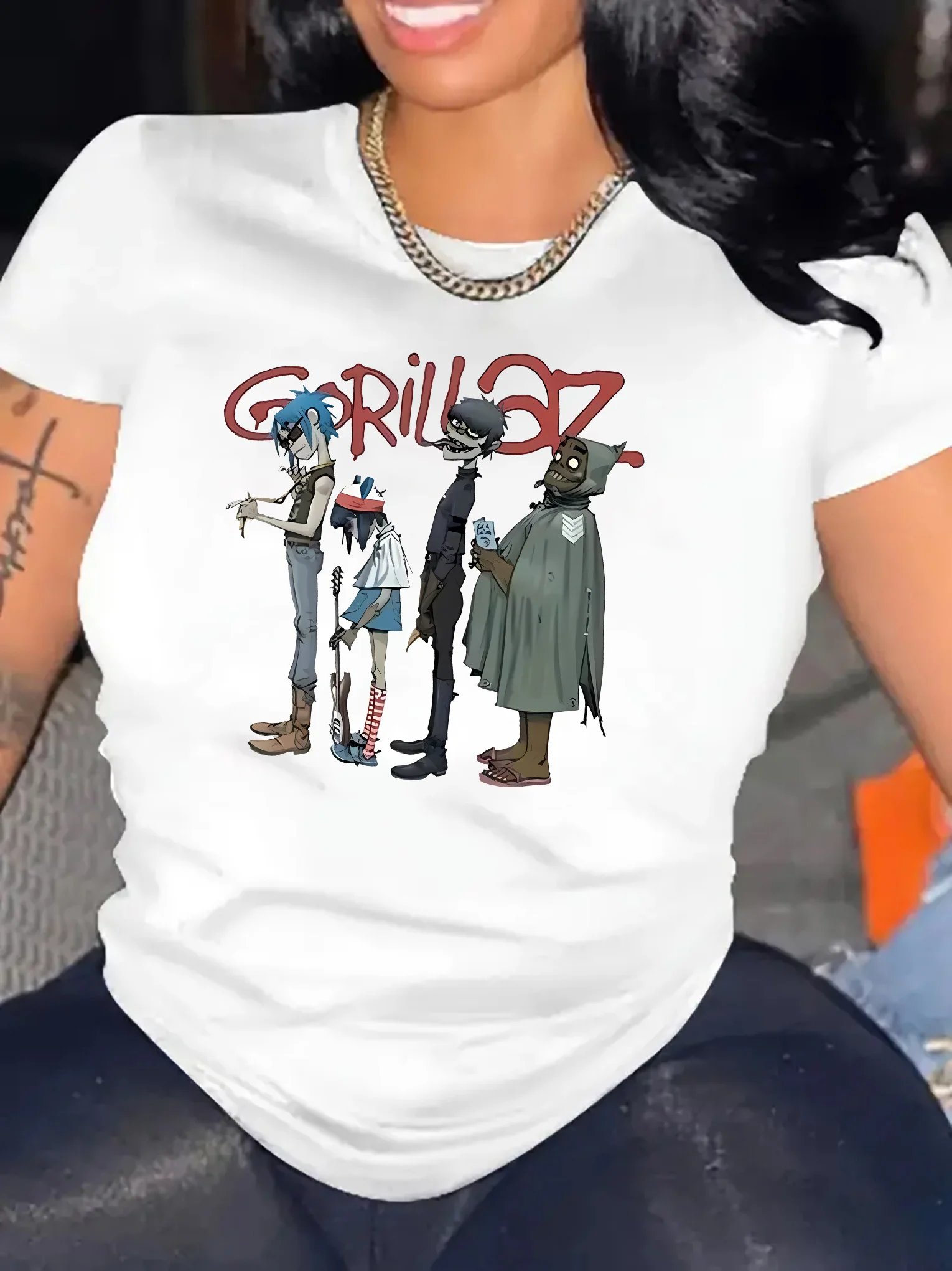 

Женская футболка с графическим принтом Gorillaz Band — повседневная футболка с круглым вырезом и короткими рукавами, смесь полиэстера и спандекса