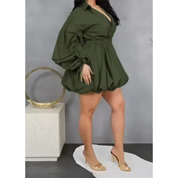 여성용 우아한 드레스, 솔리드 캐주얼 드로스트링 소매, 허리 조절, 턴다운 칼라, 긴 소매 퍼프 드레스, 2025년 봄