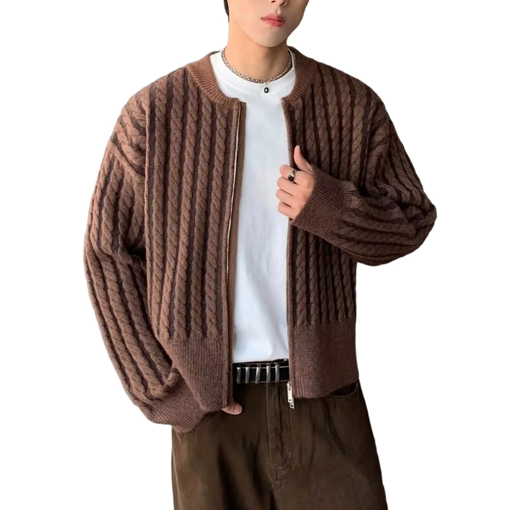 

2025 New Men Sweater Cardigan Twisted Stripes Knitted Casual Jacket Coat Street Outerwear