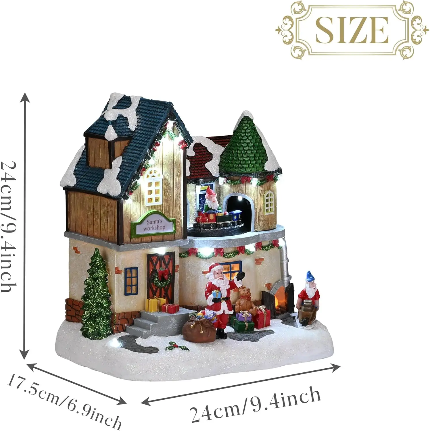Taller de Papá Noel iluminado con pueblo navideño, estatuilla giratoria con música y luces LED, decoración navideña de 10 pulgadas