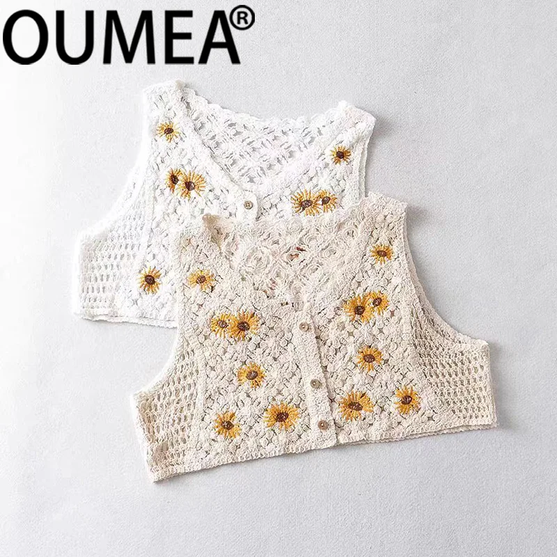 OUMEA Women Summer Crochet Tops Knitted Daisy Floral Embroidery Cardigans Sleeveless Buttons Front Cute Casual Tops