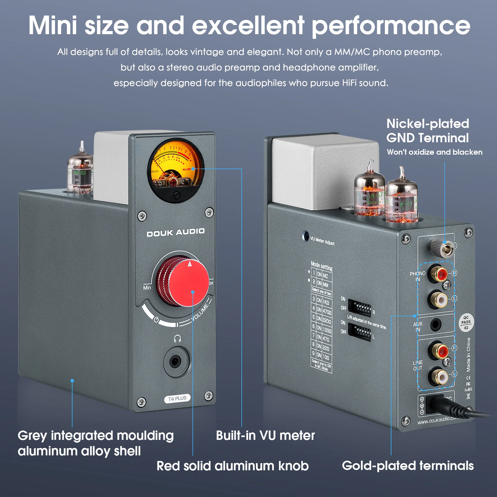 Douk Audio 5725 Vacuum Tube Phono Stage Preamp for Home Turntables Headphone Amp w/VU Meter Stereo Audio Preamp for TV/MP3/Phone