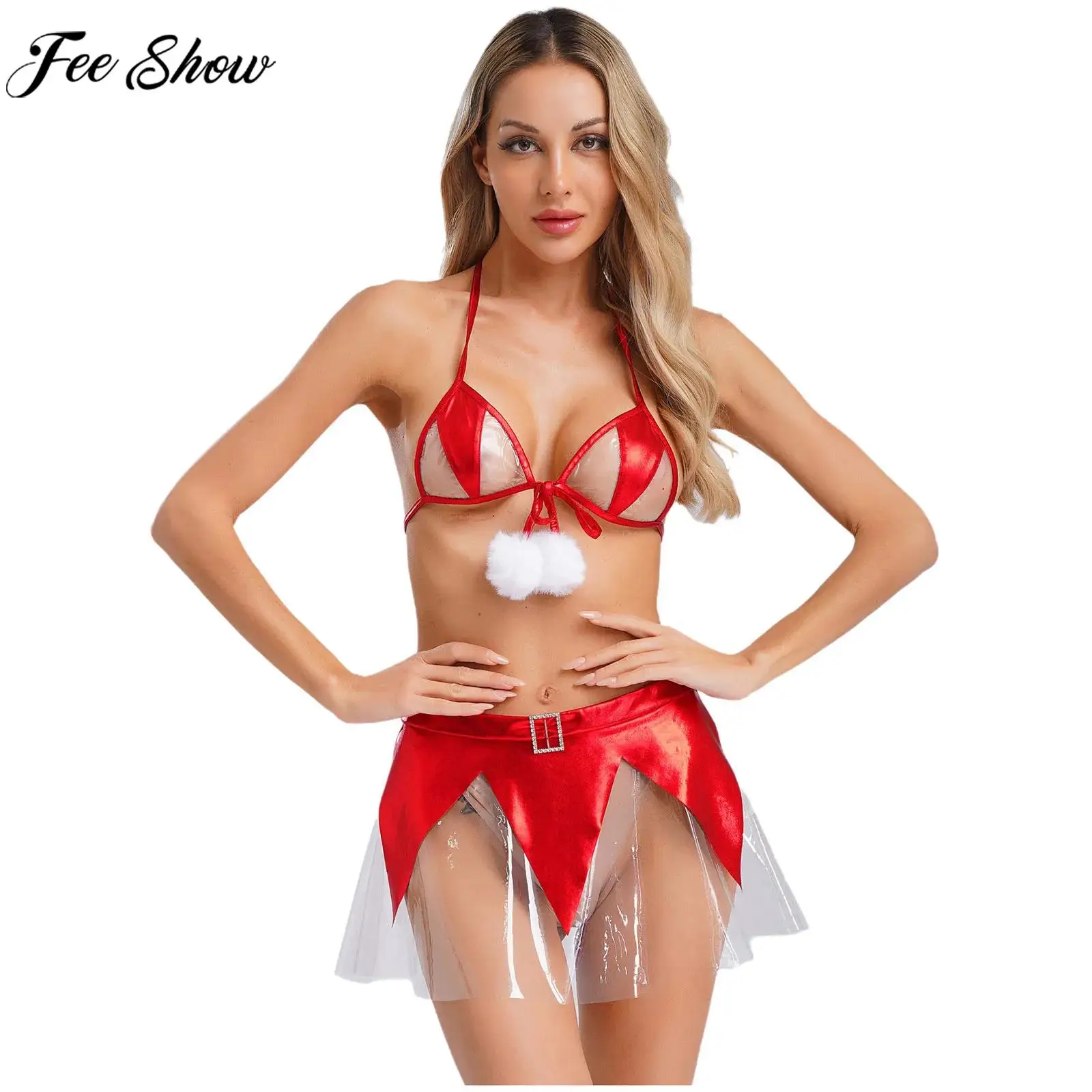 

Женский рождественский сексуальный прозрачный комплект нижнего белья, бюстгальтер с юбкой, ночная рубашка, клубная одежда, рождественская тематическая вечеринка, костюм Санта-Клауса для косплея