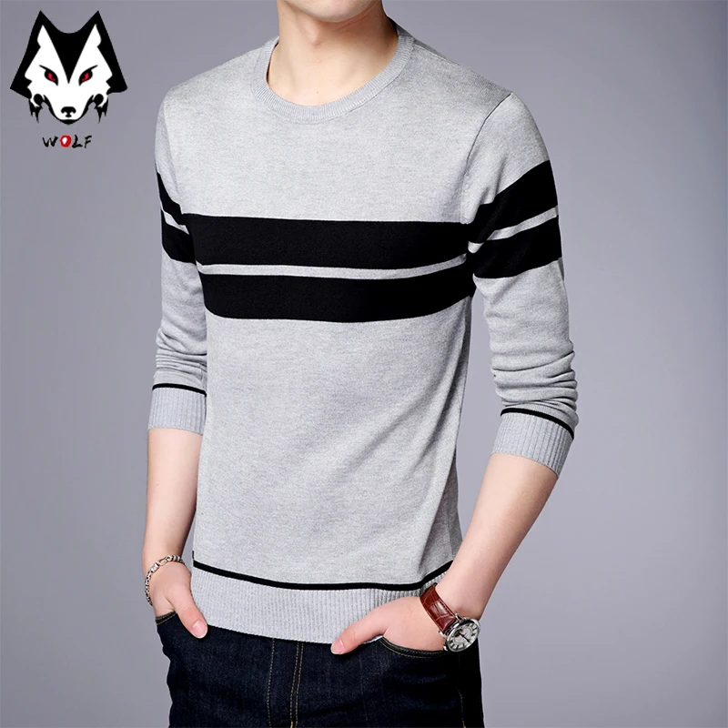 Men\'s Casual Striped Knit Spring and Autumn Long Sleeved Pullover Fashion Top