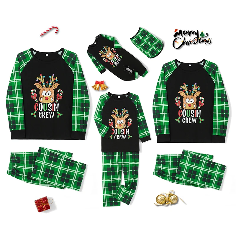 

Christmas Family Matching Pajamas Reindeer Antler Letter Print Tops Checkered Pants Sleepwear Sets for the Xmas