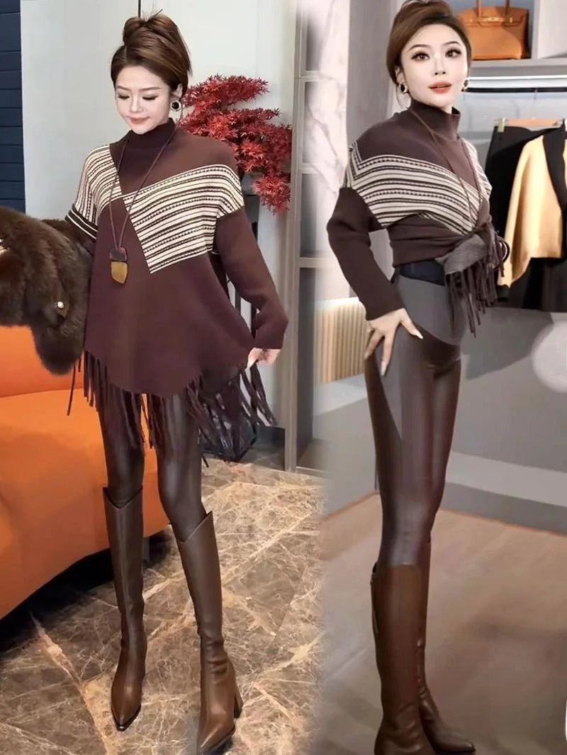 

Autumn Winter Knitted Fringed High Waist Long Sve Mid-Length Sweater Fitn ark Skin Pants Women's Faion Set