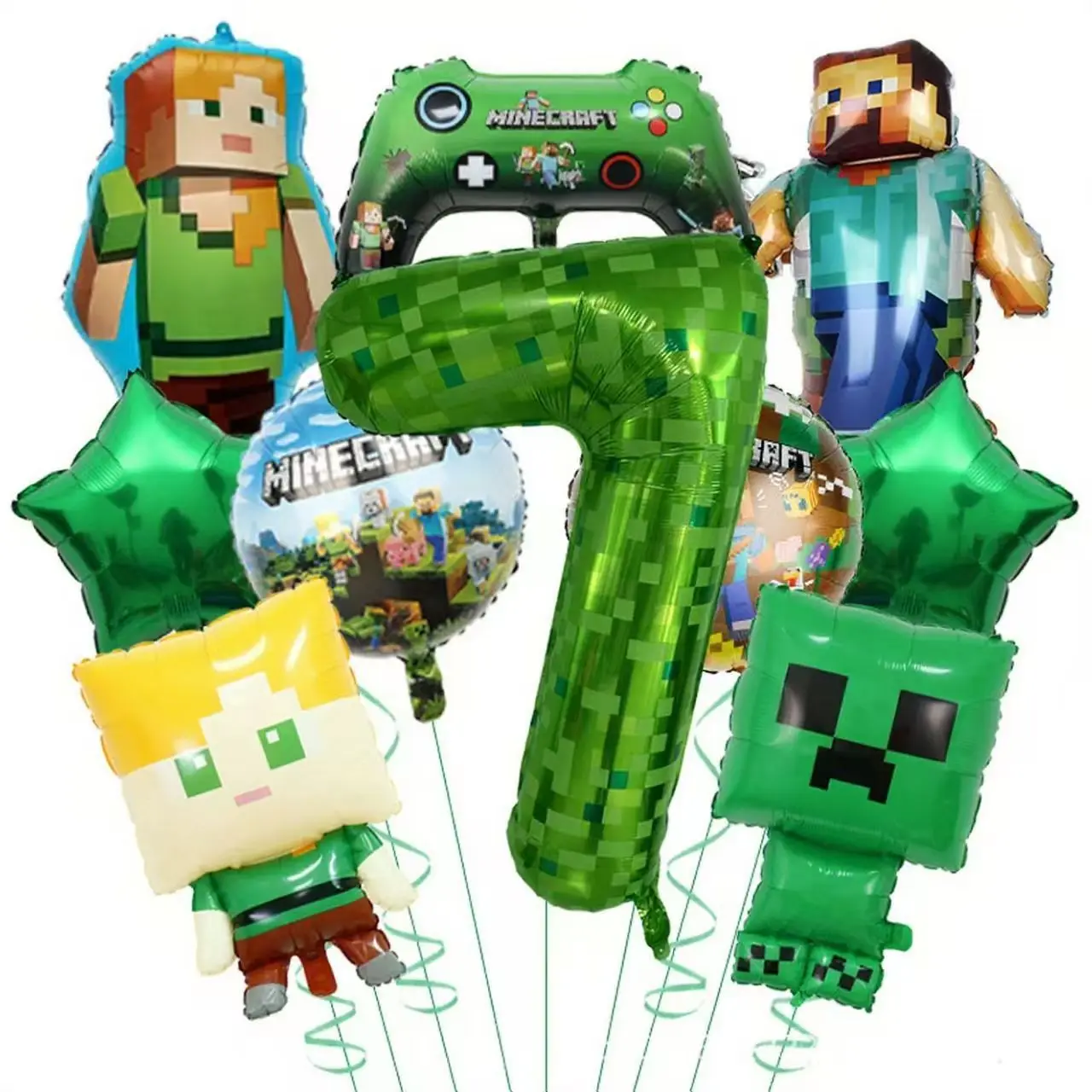 Popular Juego Minecrafts Green Digital 1-9 Pixel Laborer Afraid of Steve, Globo de Aluminio con Diseño de Personajes, Decoración para Cumpleaños, Regalos