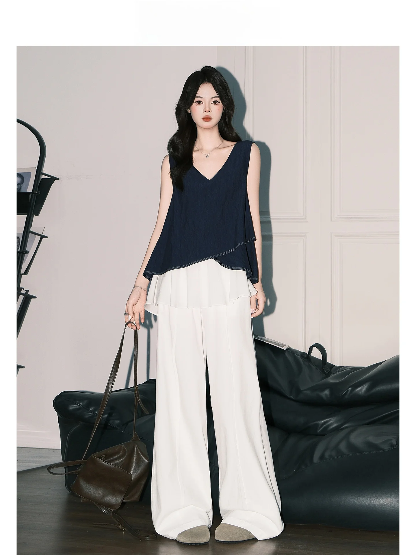 Pantalones Casuales de Pierna Ancha con Cordón Ajustable Forever 21, Color Blanco, para Mujer, Verano, Cintura Alta, Estilo Casual