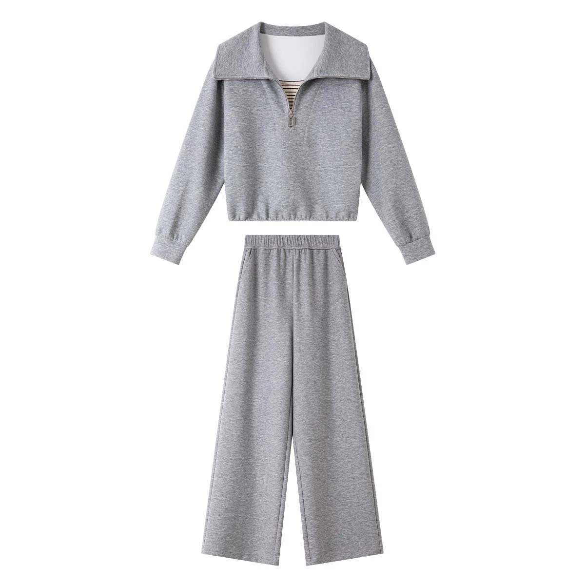 VIMLY Women's Grey Sports Pant Suits Fall 2025 Turn-down Neck Knit Sweatshirts Straight Pants Two-piece Ladies Pant Sets A2133