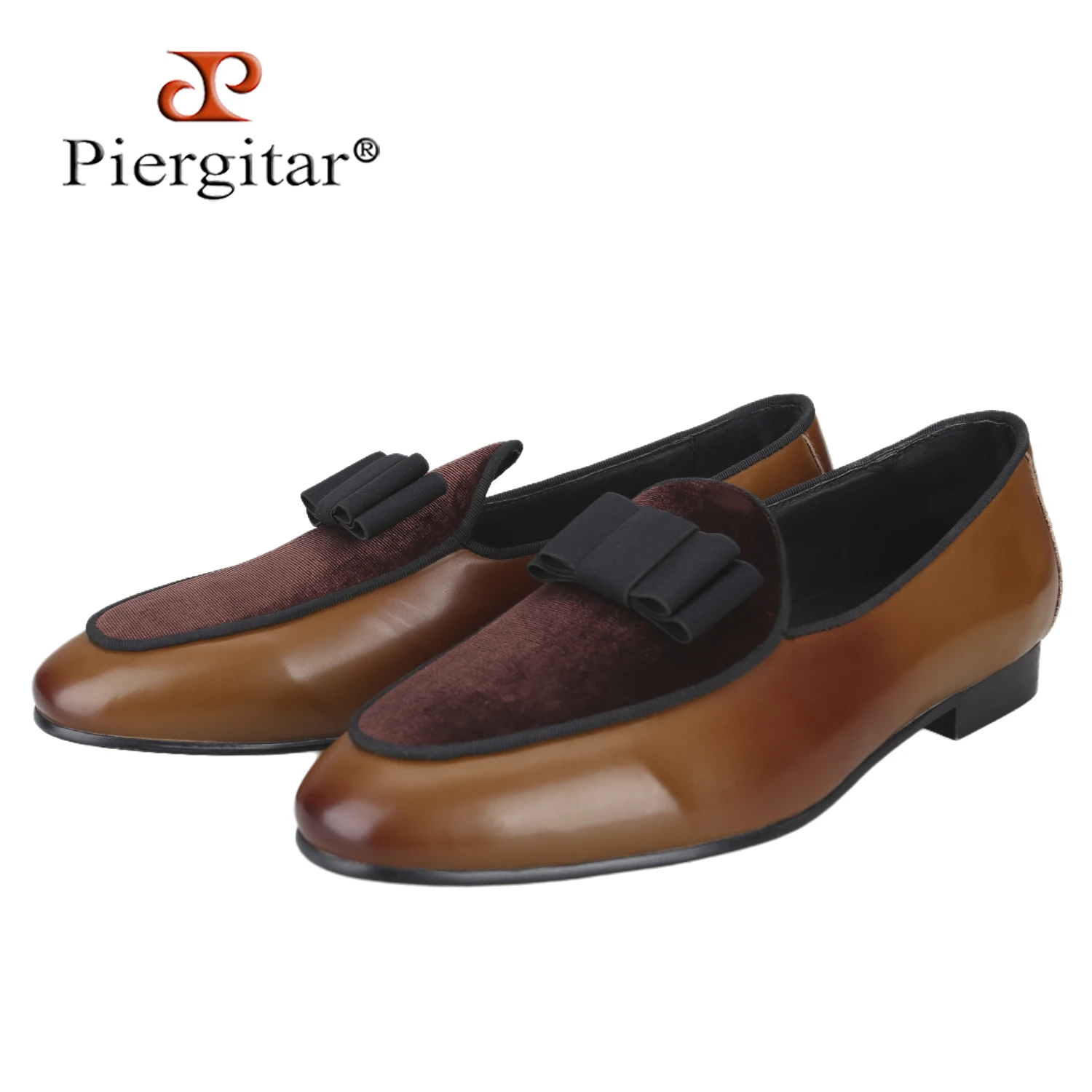 Piergitar Handmade Bow Tie Of Brown Vegetable-Tanned Leather Slip-On Loafers British Classic Style Men Smoking Slipper Plus Size