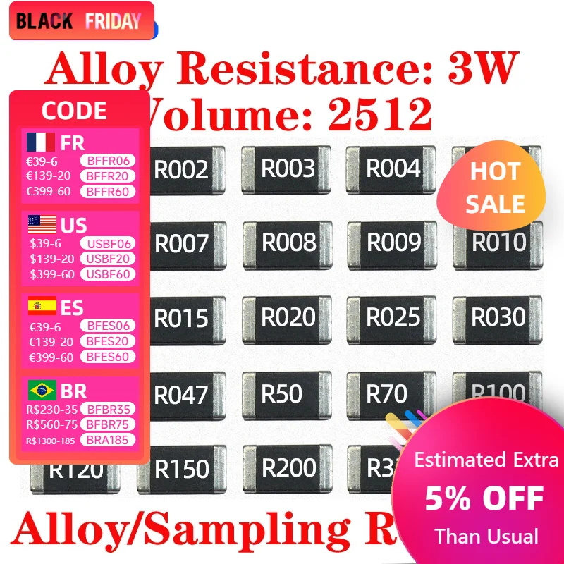 20PCS SMD Alloy Sampling Resistor 2512 3W 1% Detection Current High-Power Resistor 0.5R 0.02R R020 R500 0.0002R R500