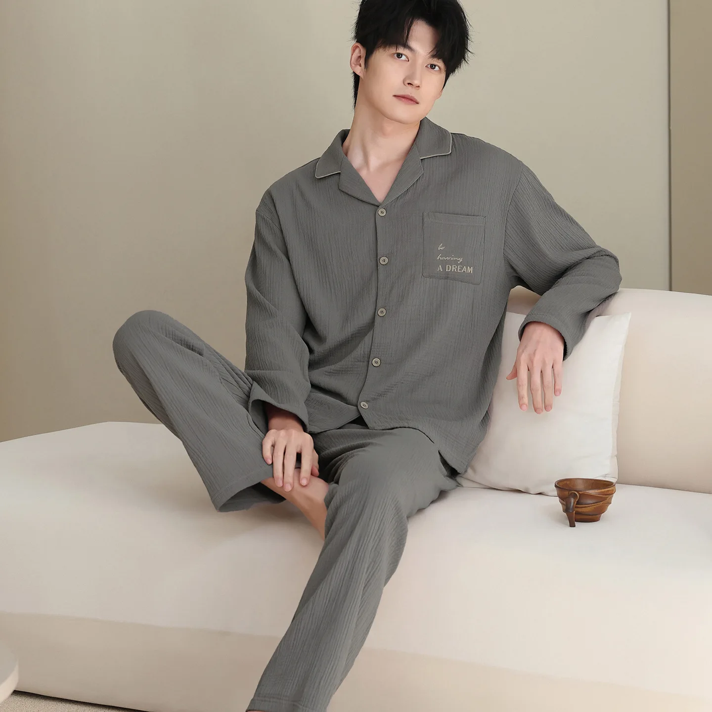 Men Lapel Open Front Sleepwear Set 100% Cotton Double Gauze Autumn Long Sleeve Long Pants Casual Indoor Home Pajamas Spring Pjs
