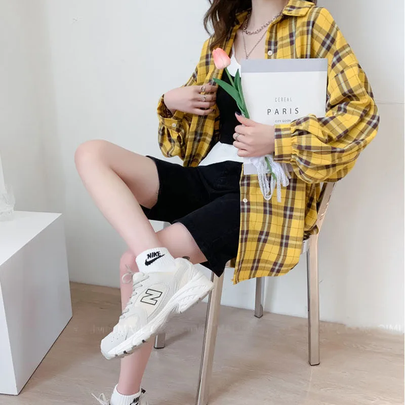 Qweek Vrouwen Plaid Shirt Koreaanse Mode Oversized Blouses Harajuku Lange Mouw Top Chic Vrouwelijke Nieuwe Vintage Kleding Lente 2023