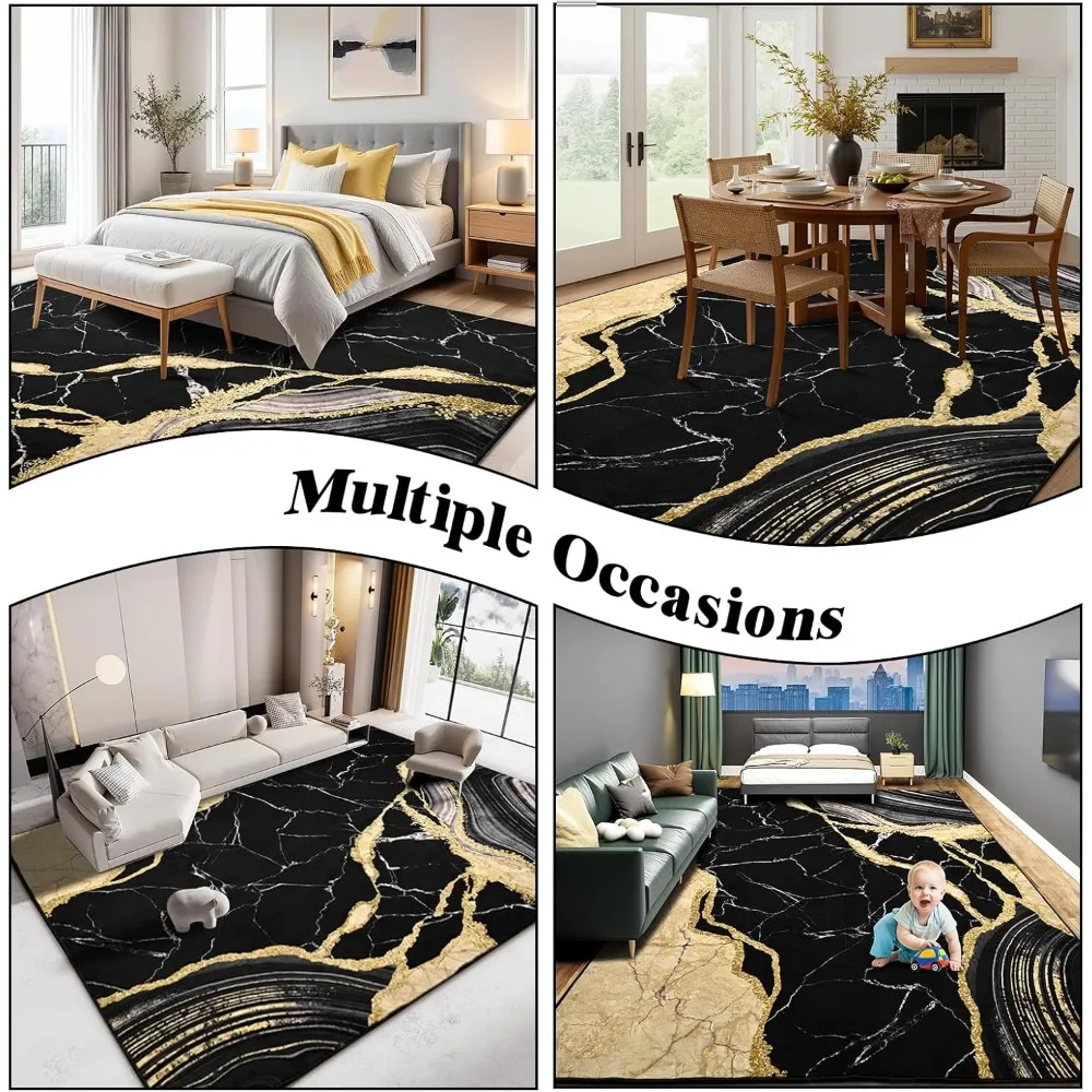 ASPMIZ Alfombra negra y dorada Alfombras lavables 6x9 para sala de estar, Alfombras de dormitorio de mármol de lana sintética suave Carpe de piso moderno antideslizante