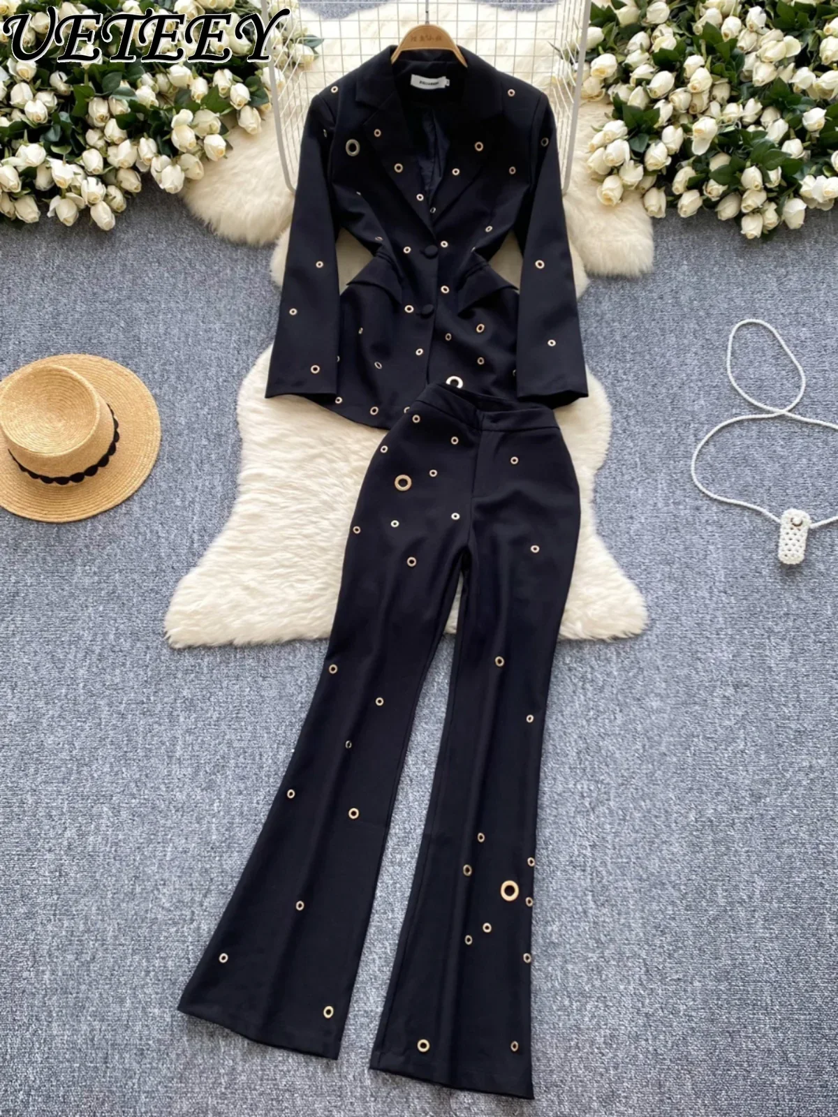 Light Familiar Style Female Professional Commuting  Metal Buckle Waist Versatile Blazer + High Waist Long Pants Two-piece Set