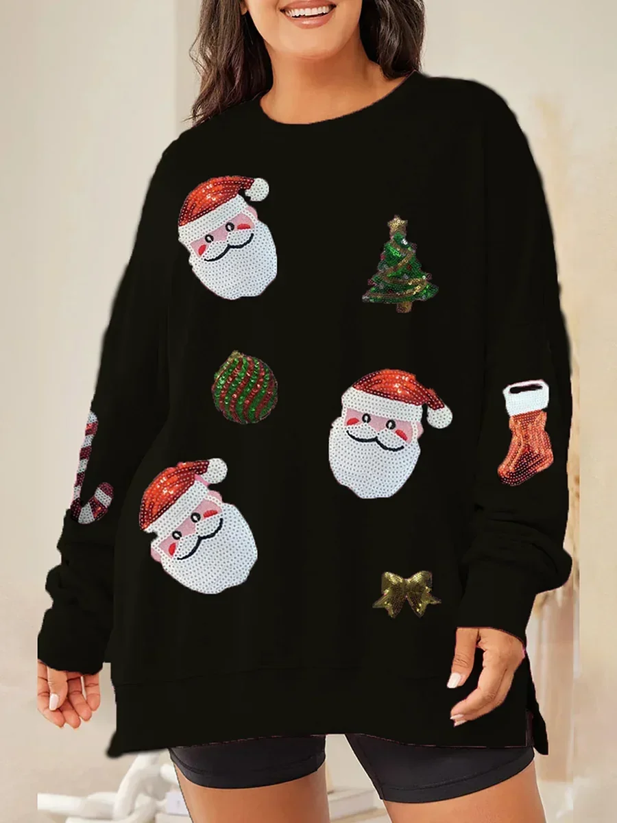 Nuove donne felpe natalizie paillettes Babbo Natale grafica manica lunga girocollo pullover top oversize vendita calda