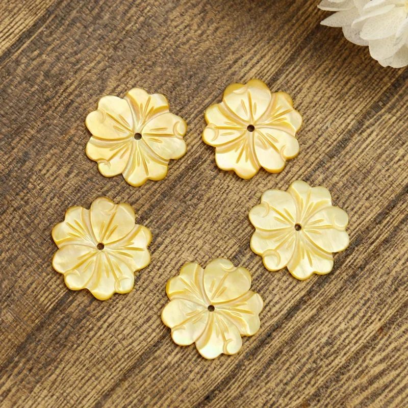 Love Heart Flowers Scattered Beads Genuine Yellow Mother of Pearl Shell Petal Stamens Spacer DIY Charms Necklace Pendant Jewelry