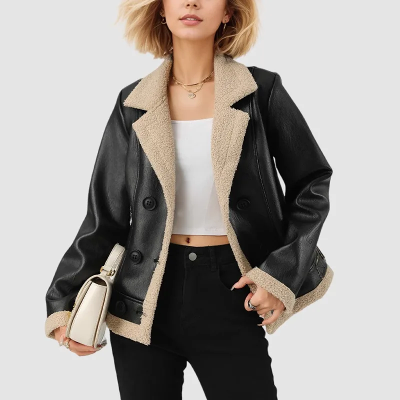 HKSH Otoño Invierno nueva chaqueta de mujer con forro polar de cuero PU grueso cuello vuelto bolsillos de doble botonadura abrigo elegante HK12956