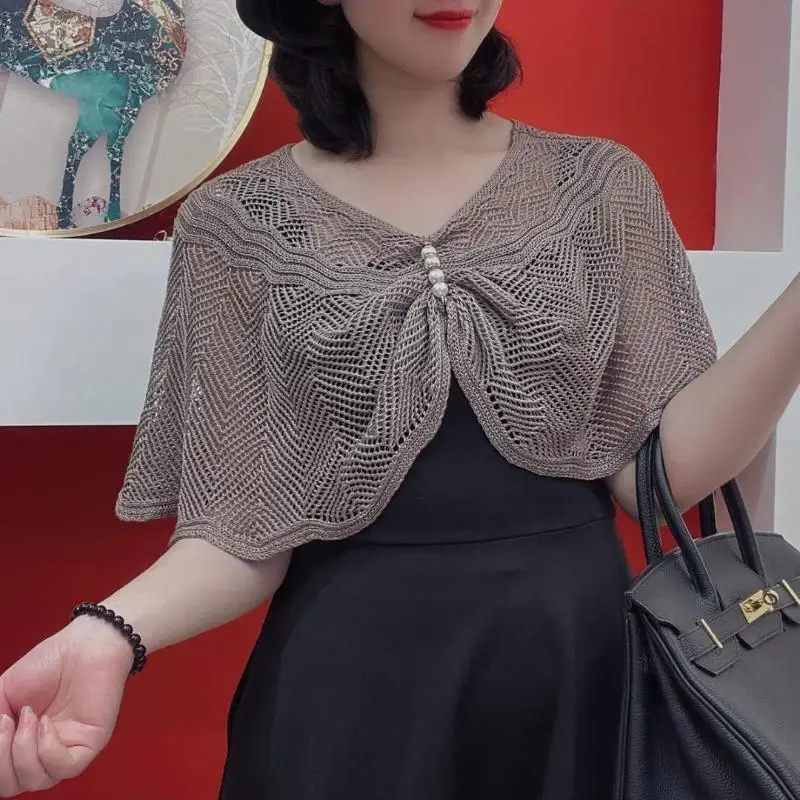 Chal tejido de algodón de Color sólido para mujer, bufanda de protección solar de verano con Pin de perla, Poncho calado decorado