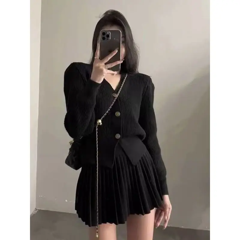 Chic Y2k Knitted 2 Pieces Sets Women Single-breasted Tops High Waist Mini Skirt Knit Cardigan Solid Outfits Spring Autumn Suits