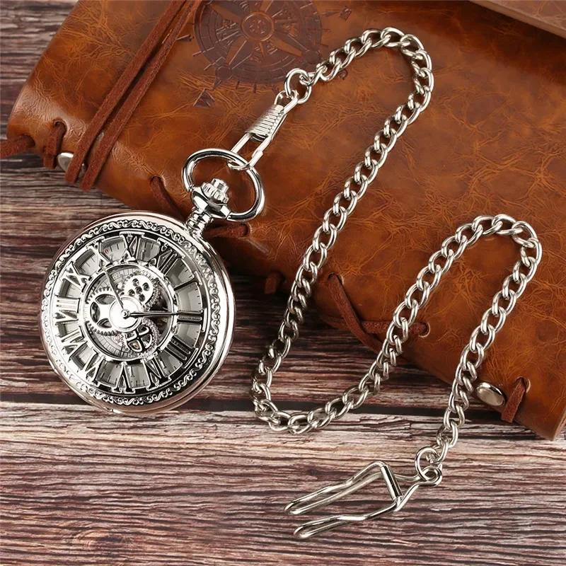 Classic Hollow Out Gear Case Men Women Hand Winding Mechanical Pocket Watch Pendant Chain Roman Numeral Dial Gift Reloj