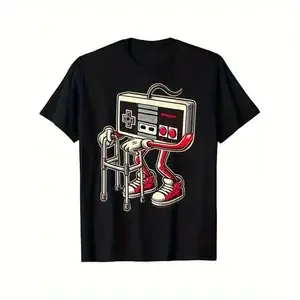 100% Cotton Men'S And Boys Retro Gaming Pattern T-Shirt - Fun Old Video Game Console Design, Black Casual T-Shirt With Red Sneakers And Cable Detail, Short Sleeves, Crew Neck, Machine Washable Golf Gift T-Shirt For Men And Women Menswear Top, Shortsleeve,