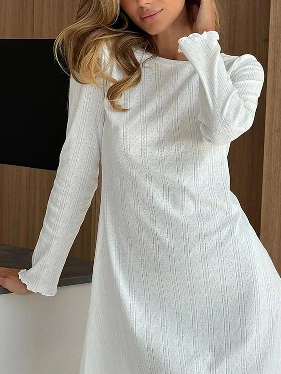 Women Long Sleeves Nightgowns Summer Solid Color Lettuce Trim Mini Night Dress Lightweight Sleep Dress Cute Sleepwear