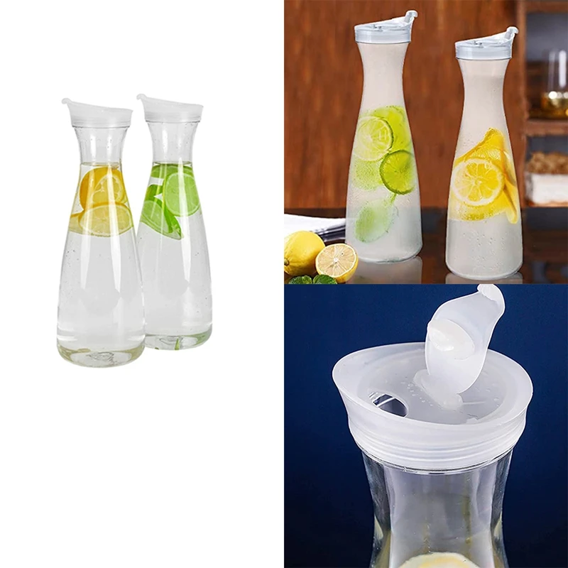 

Y17A 2Pcs Plastic Water Carafes With White Flip Tab Lids- Food Grade & Recyclable Shatterproof Pitchers - Juice Jar